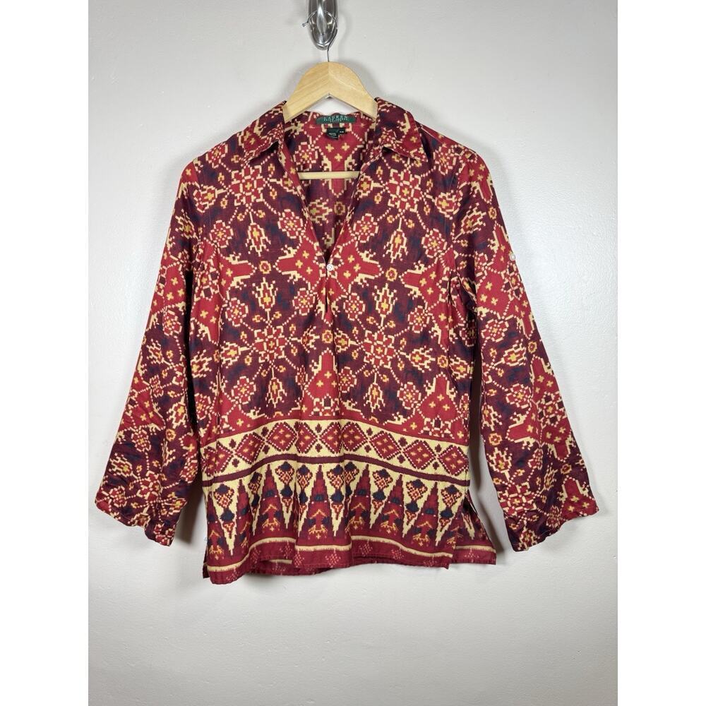 LAUREN RALPH LAUREN Multi-Color Aztec Pullover Split V-Neck Blouse Tunic P M